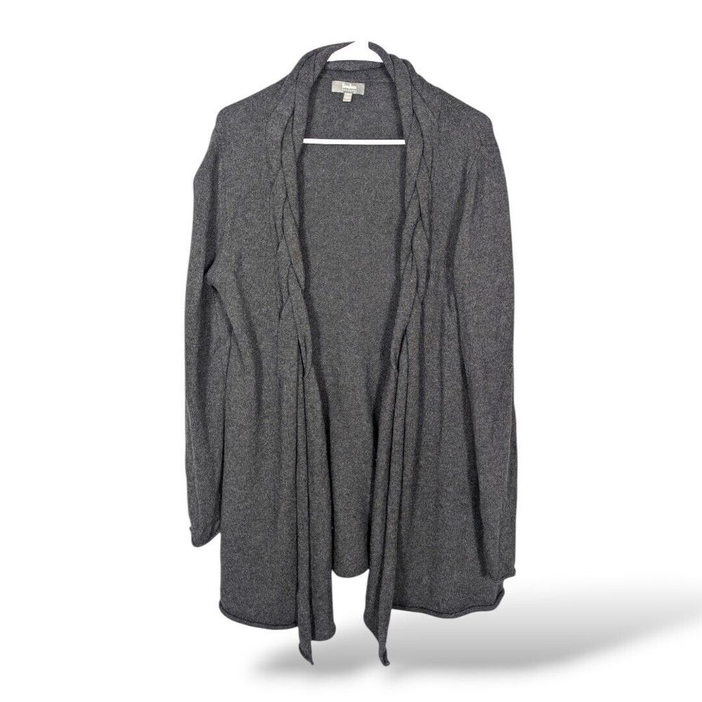 NEIMAN MARCUS OPEN FRONT CARDIGAN‎ SWEATER L GRAY 100% CASHMERE BRAIDED COLLAR